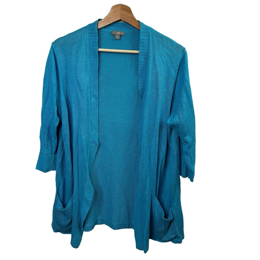 J.Jill Womens Cardigan Sweater Blue 100% Linen Open Front Sz M Casual 1/2 Sleeve